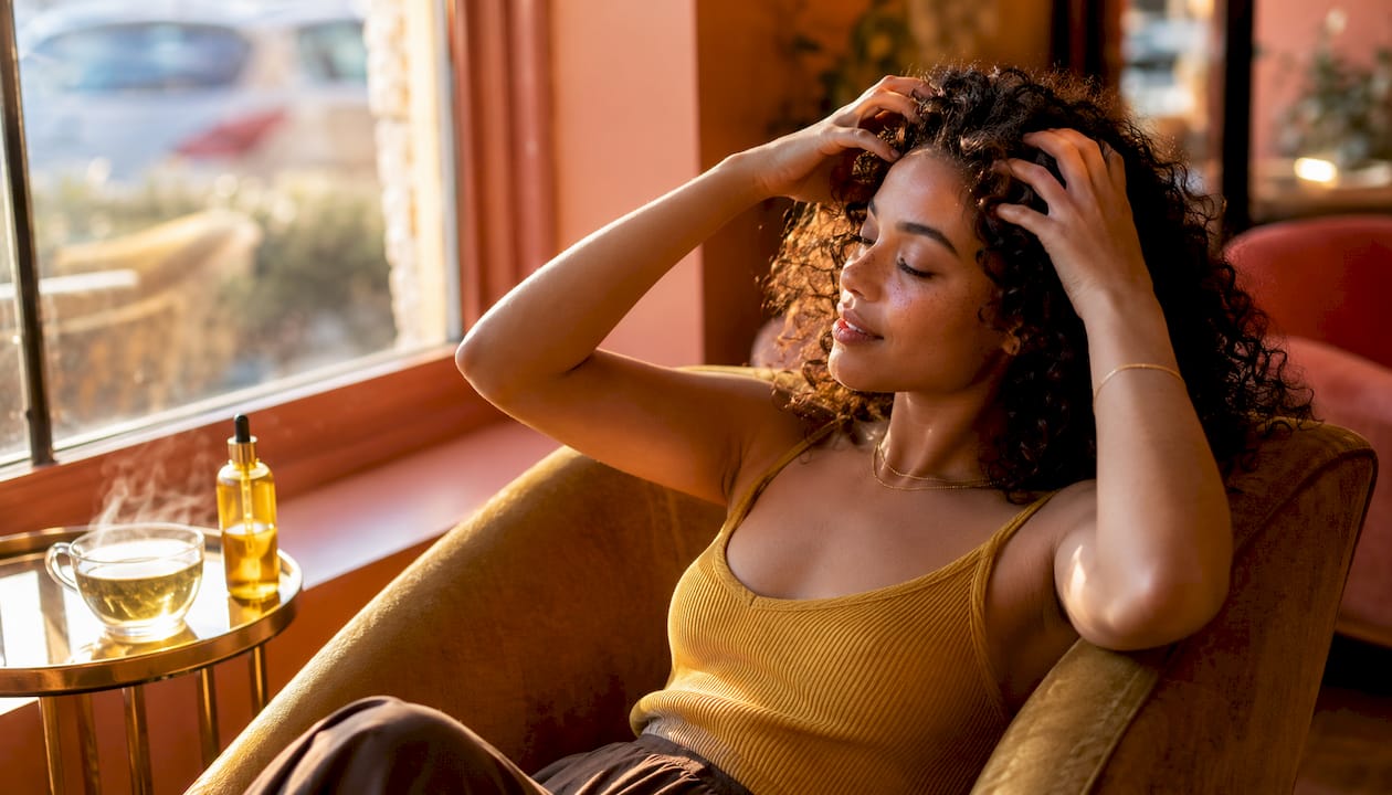 Woman massaging scalp to relieve tension symptoms