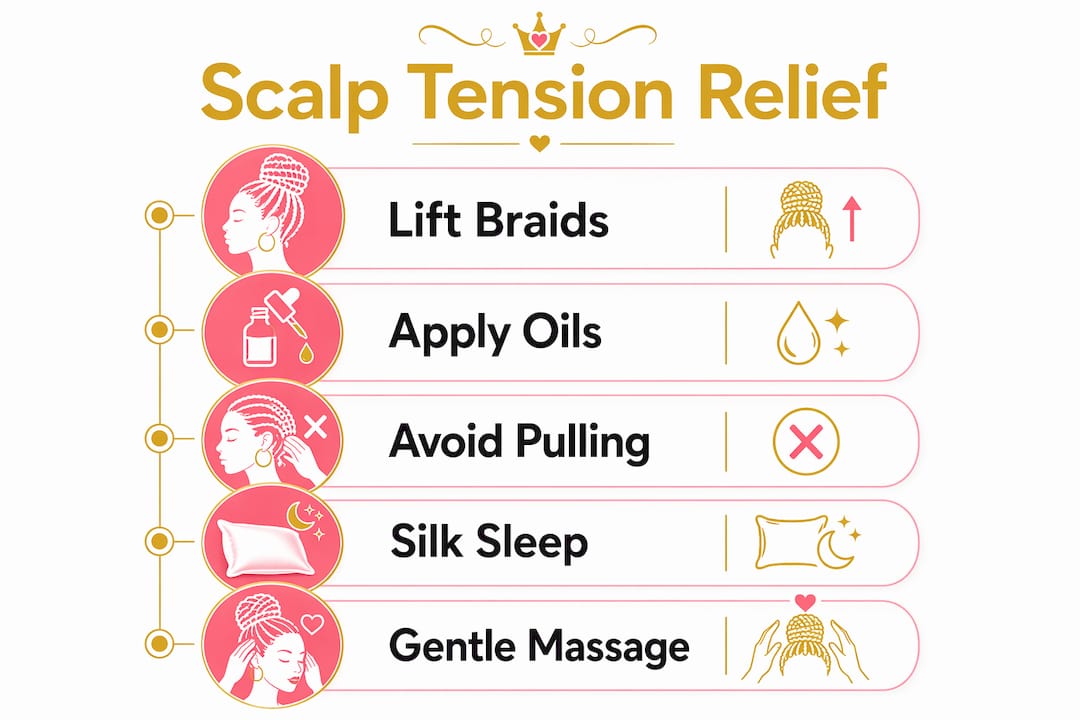 Infographic displaying five steps to relieve scalp tension