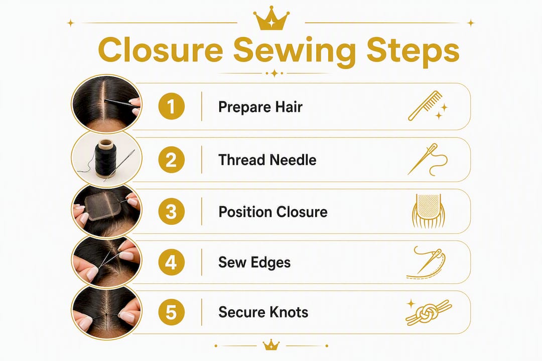 Infographic illustrating closure sewing steps