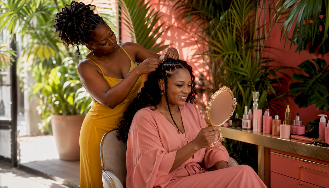 Stylist making test braids during salon consultation