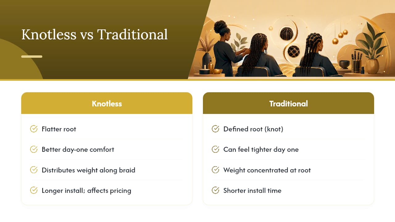 Knotless vs. traditional: which technique fits your size choice? — overview diagram