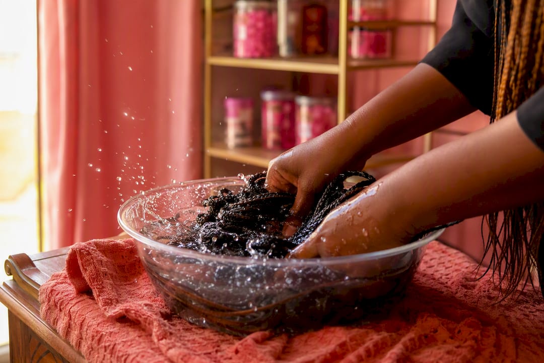 Hands rinsing synthetic braiding hair bundles in bowl