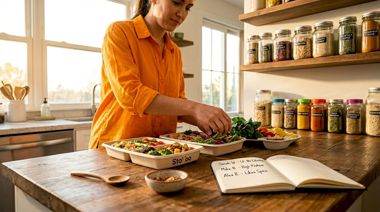 Owner prepares segmented meal prep orders