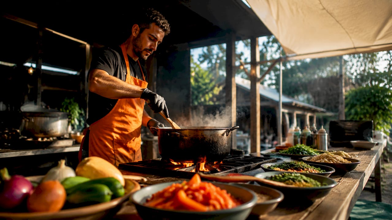 Chef batch cooking meals in commercial kitchen