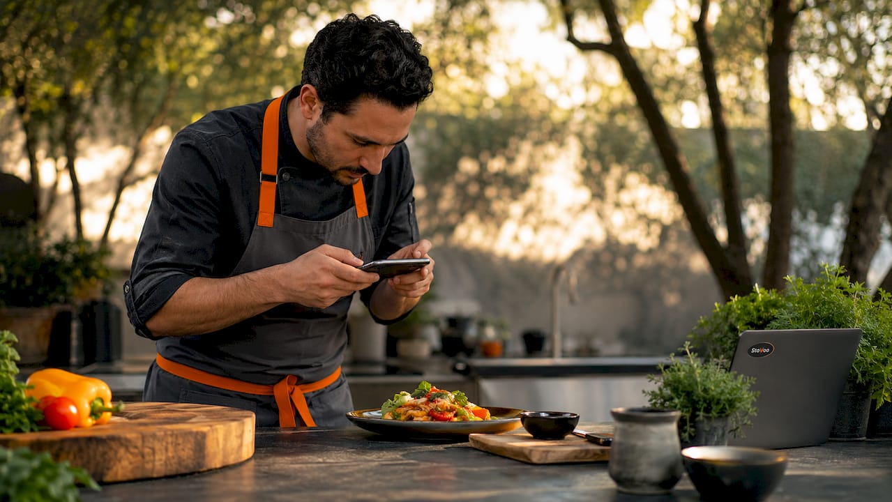Chef photographing plated dish for Instagram