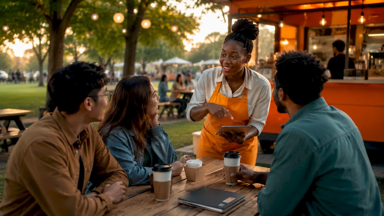 Barista sharing social media with customers outdoors