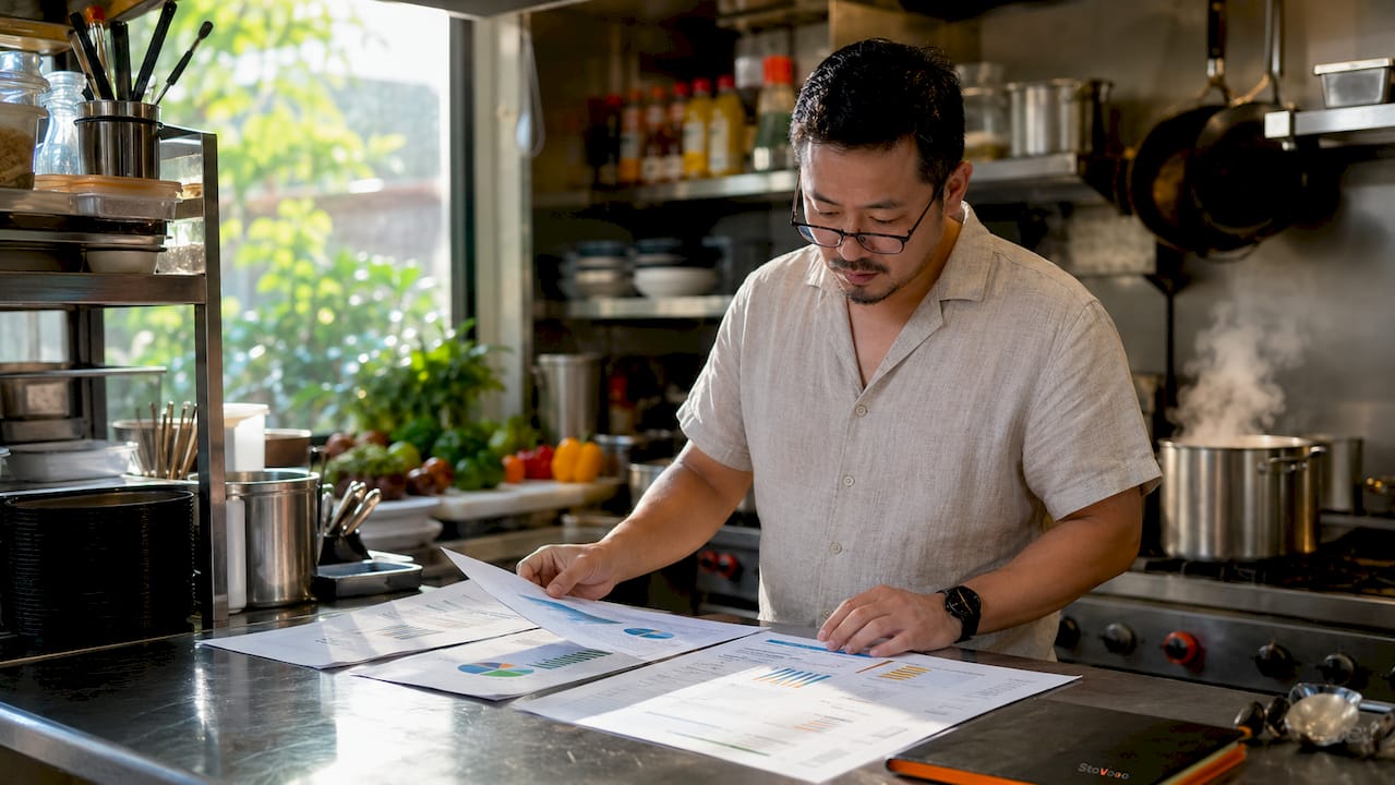 Restaurant owner reviewing SEO reports at desk
