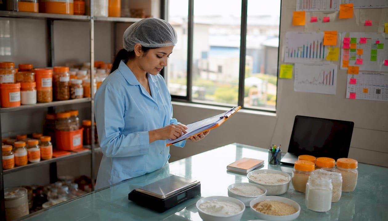 Food production quality control technician reviewing records