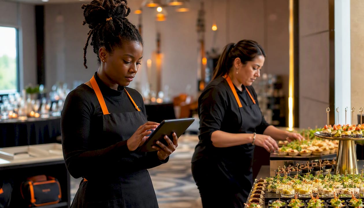Catering team confirming final guest counts outdoors