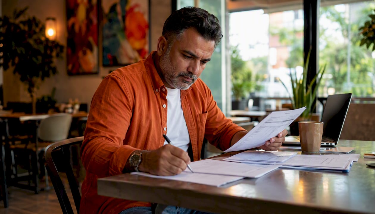 Caterer reviewing printed invoices at desk