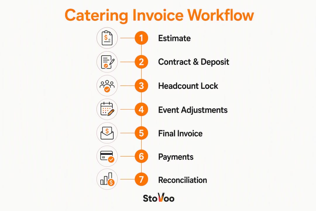 Infographic illustrating seven-step catering invoicing workflow