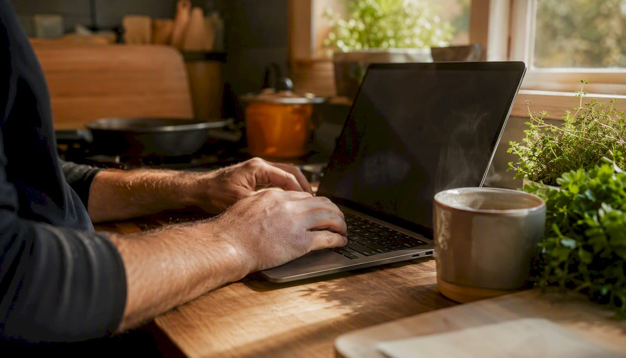 Hands setting up email flow for food business