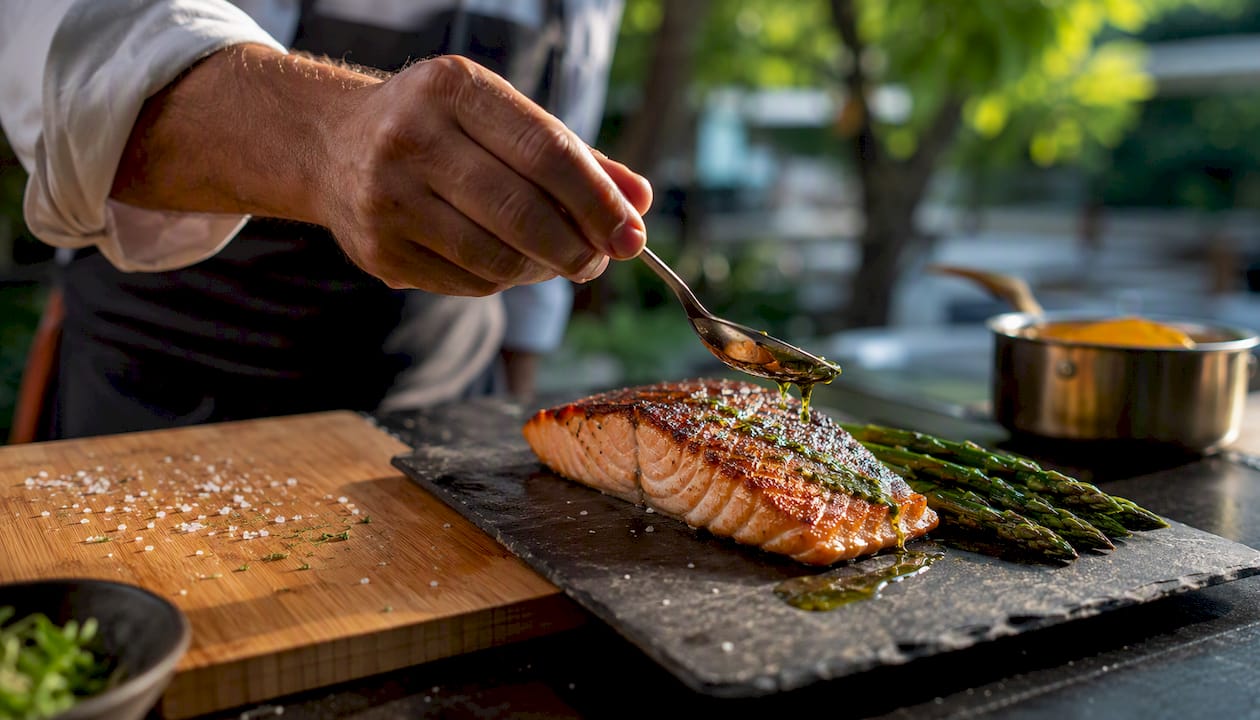 Chef plating gourmet salmon dish