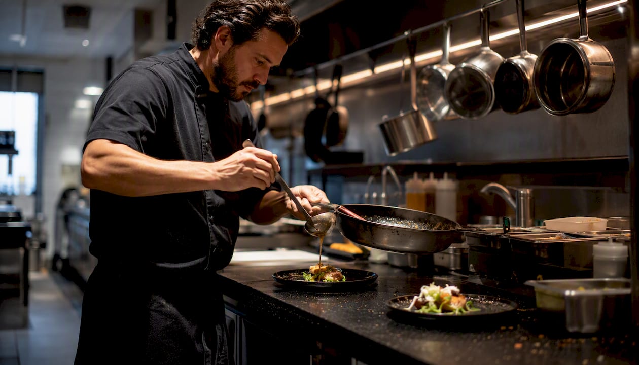 Chef seasoning food in professional kitchen
