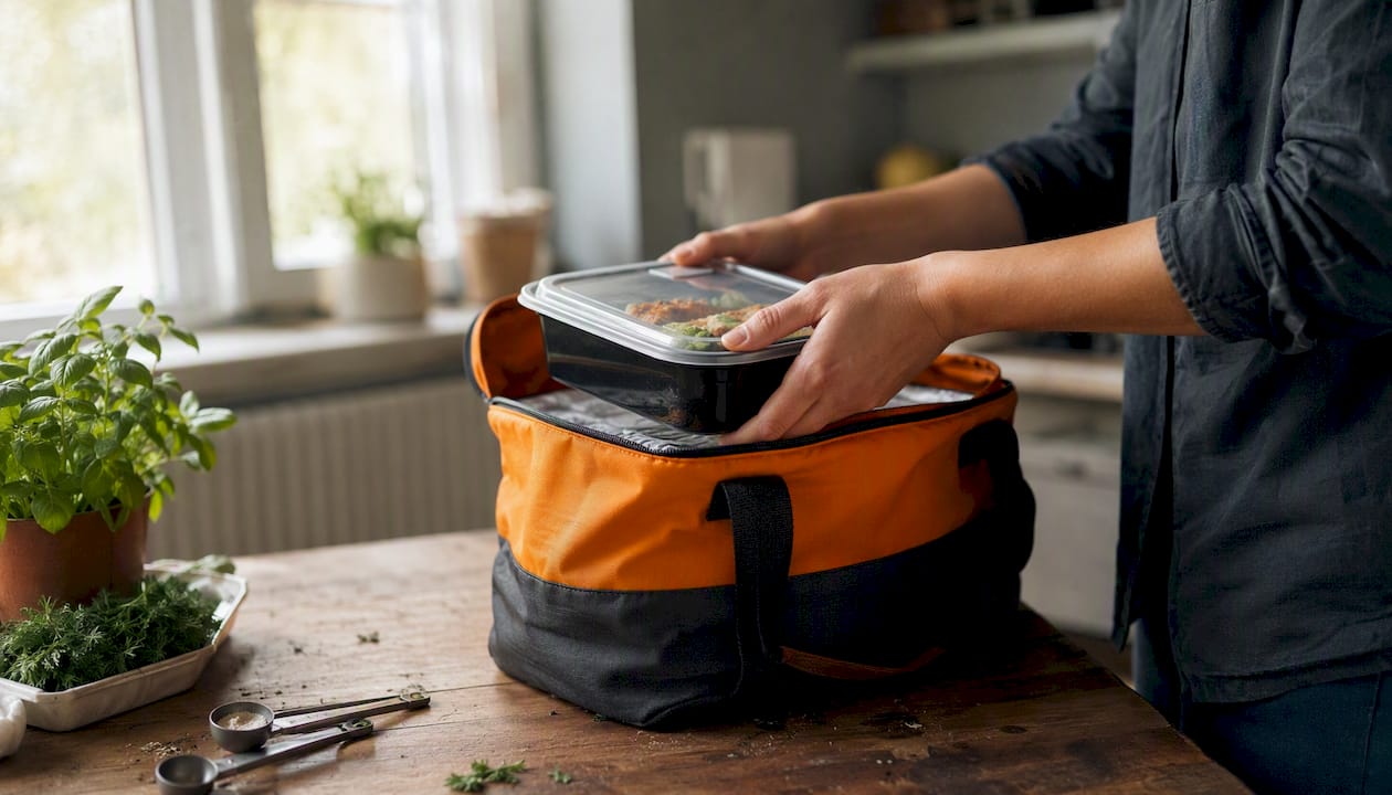Hands placing meal prep container into delivery bag