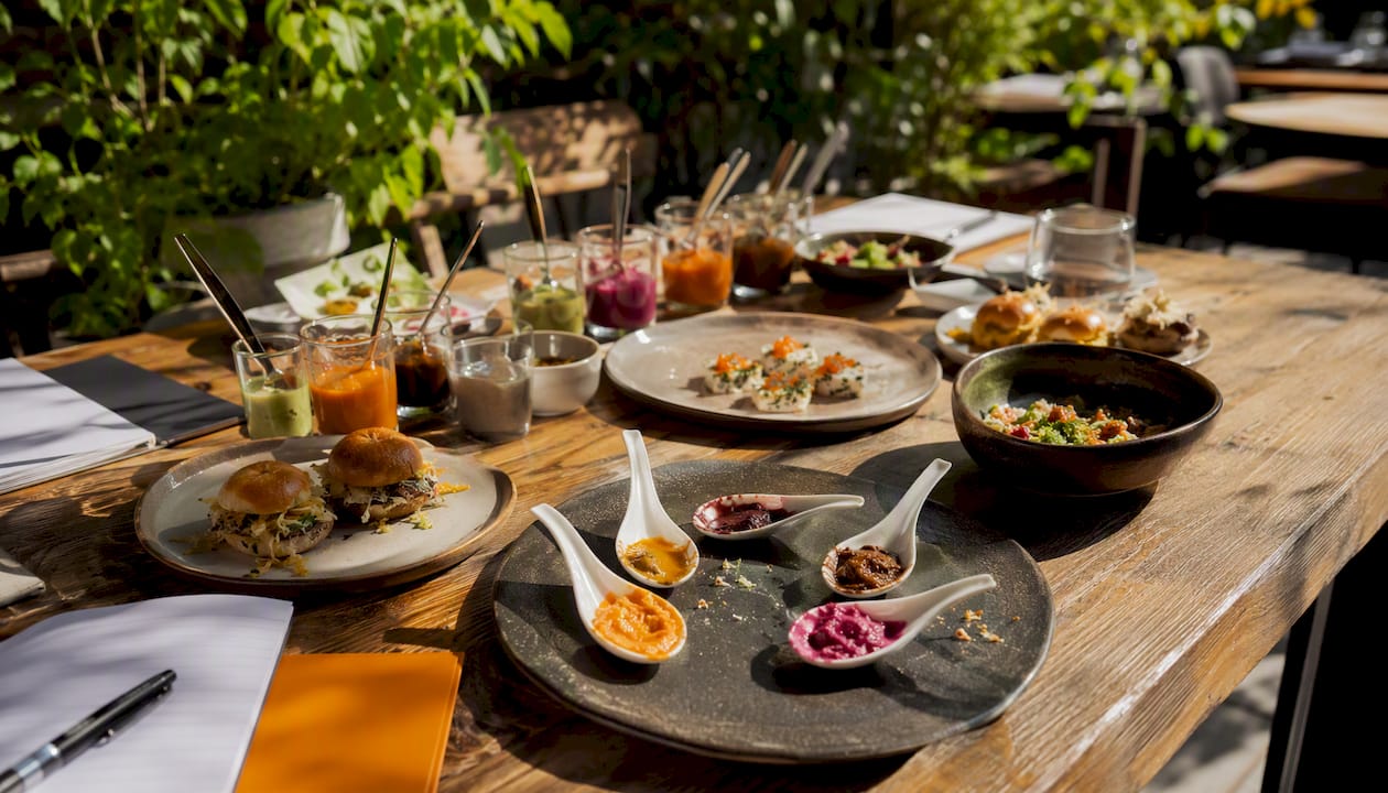 Tasting table with food prototype samples