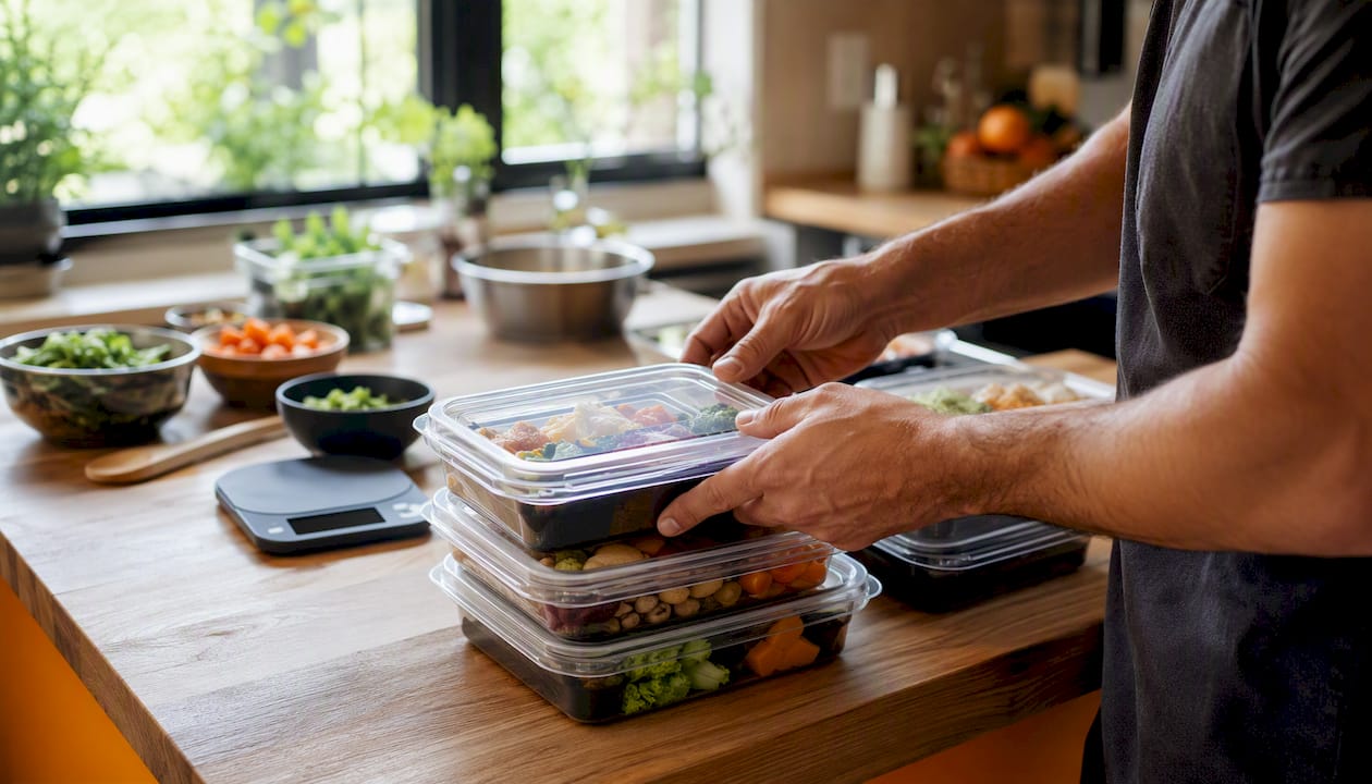 Hands packing weekly meal prep boxes