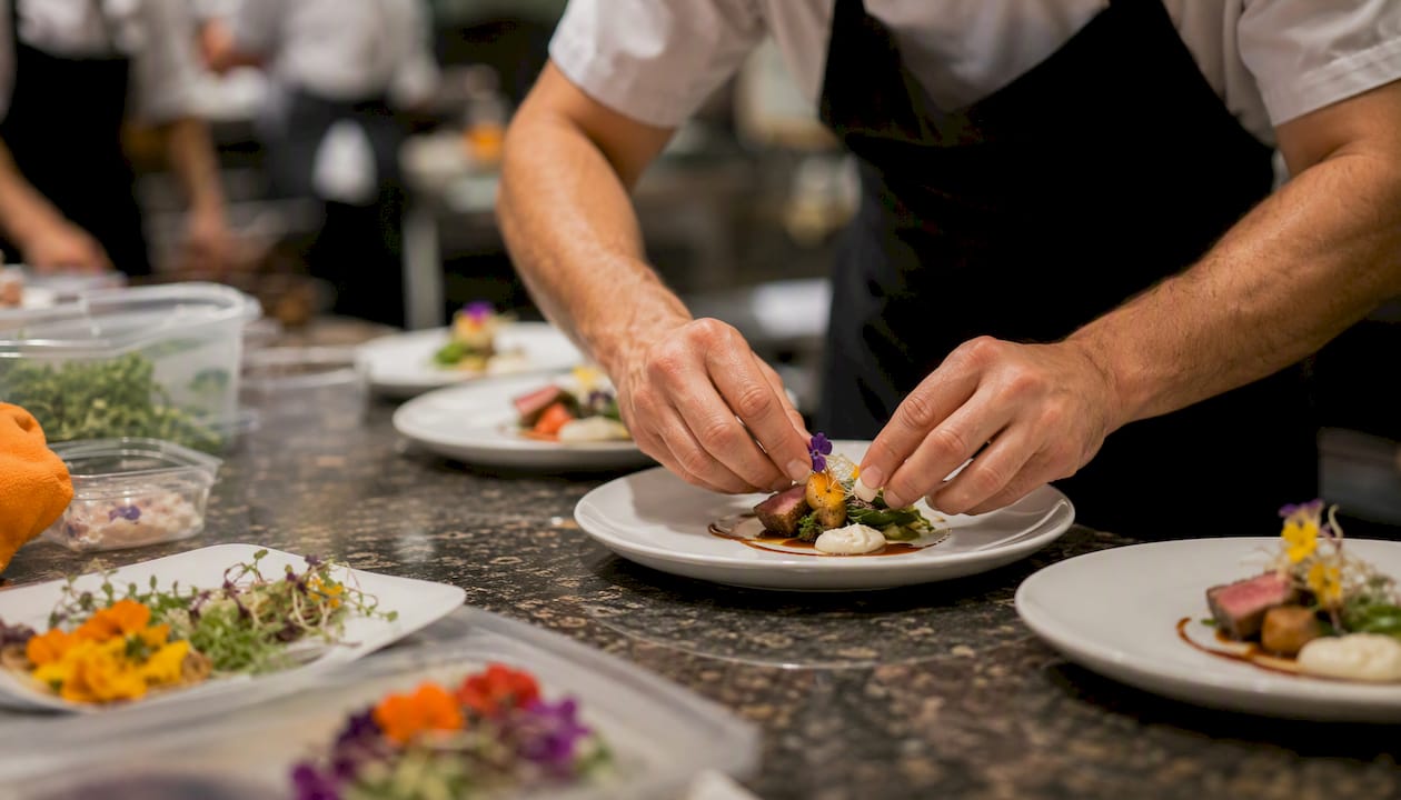 Chef's hands plating catering dishes