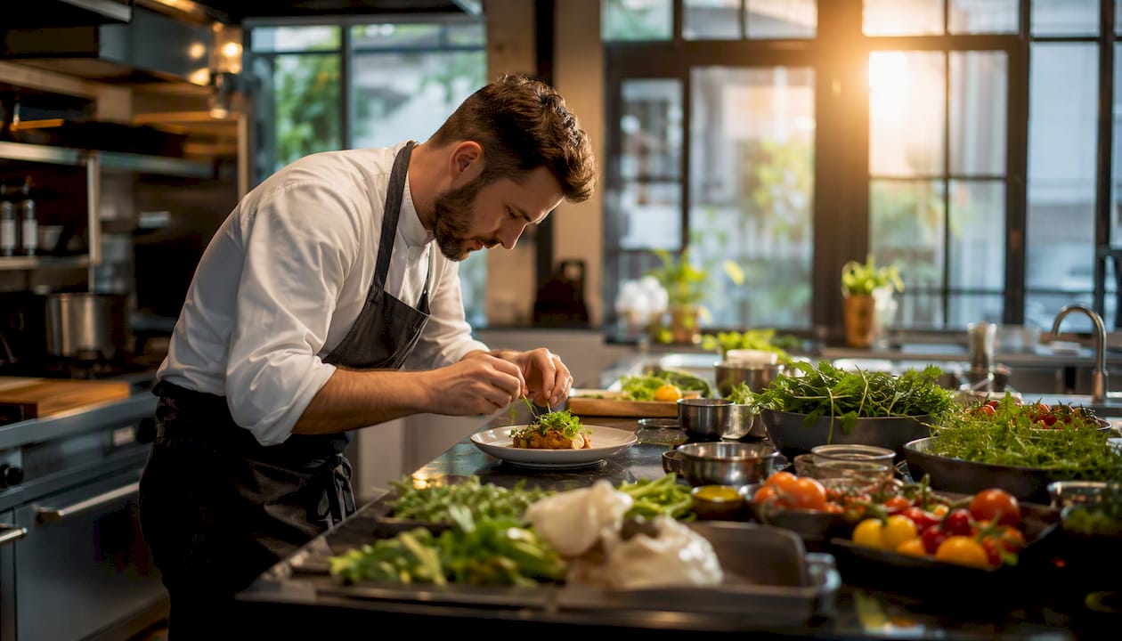Chef garnishing specialty dish in a kitchen