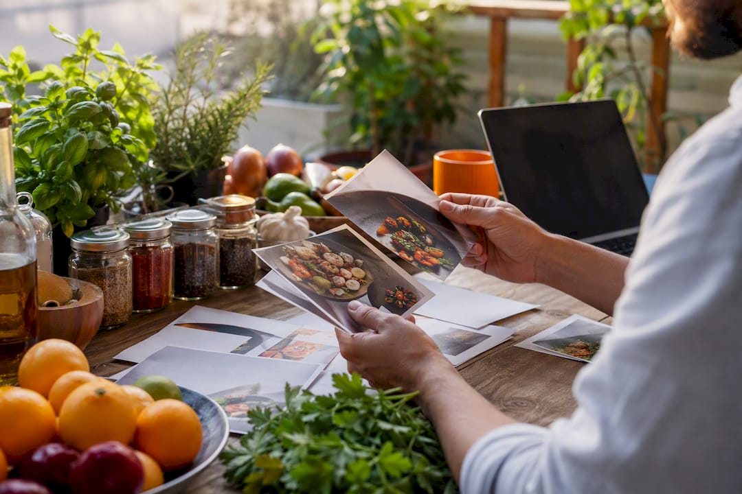 Hands placing recipe sample cards in kitchen