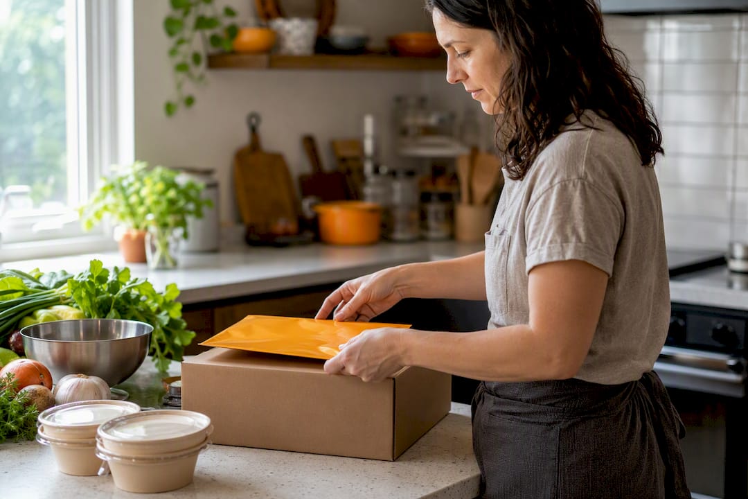 Hands packing recipe membership box for dispatch