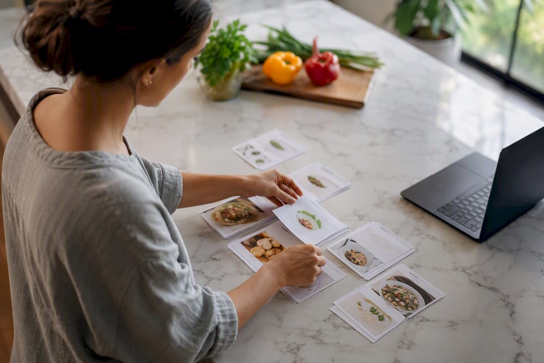 Hands sorting recipe cards by cook time