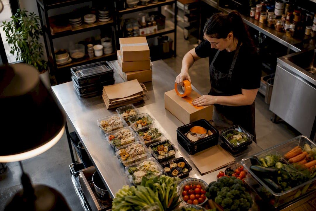 Kitchen worker packing food orders for pickup
