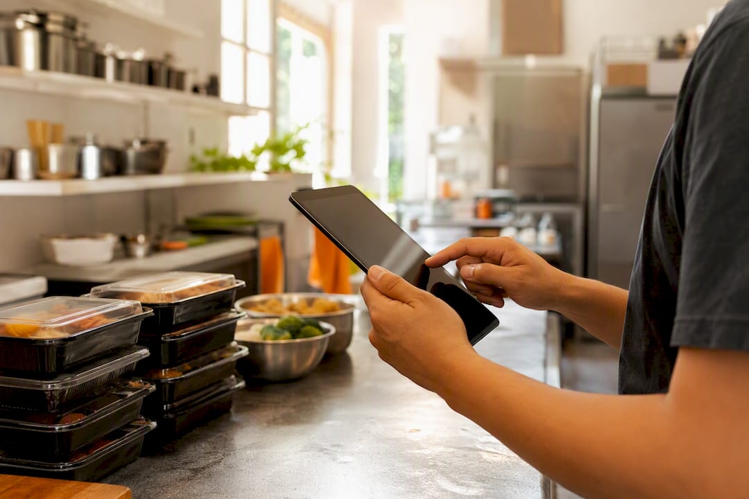 Hands updating subscription pause in kitchen