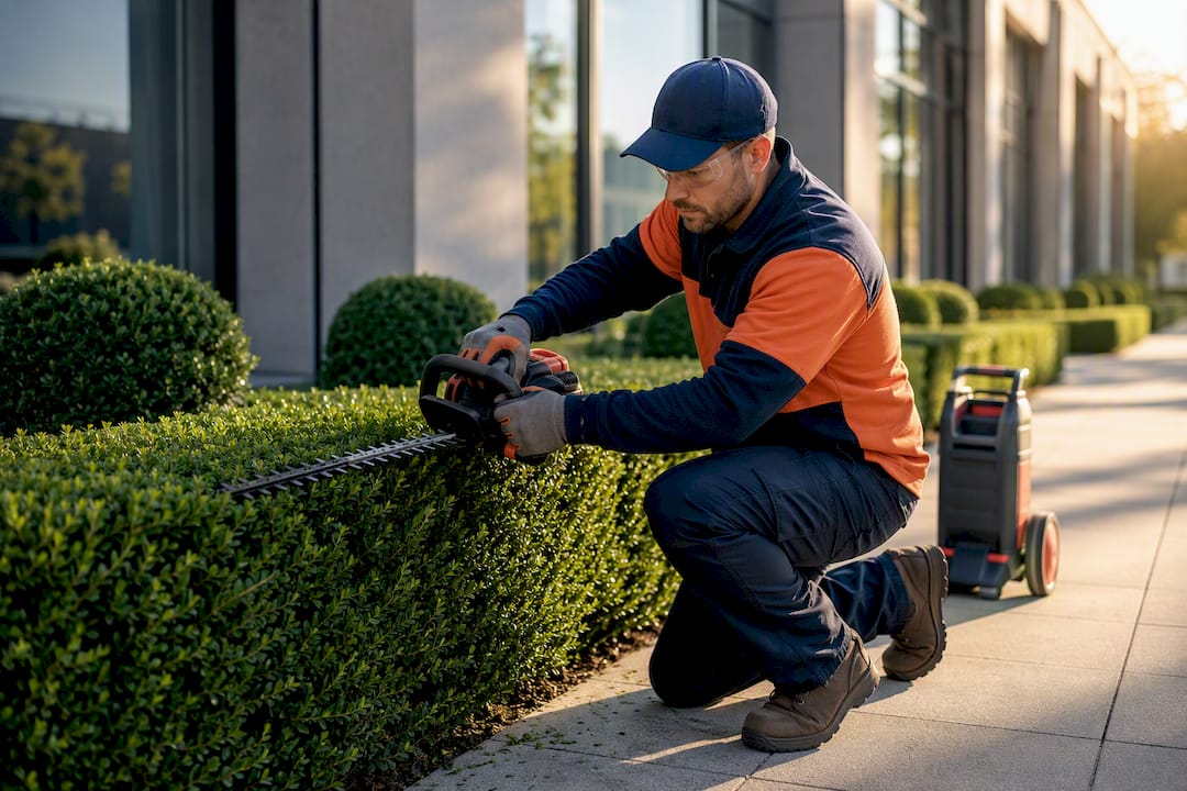 Groundskeeper maintaining commercial plaza landscaping