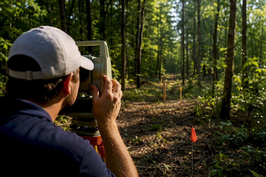 Surveyor mapping wooded Central North Carolina parcel