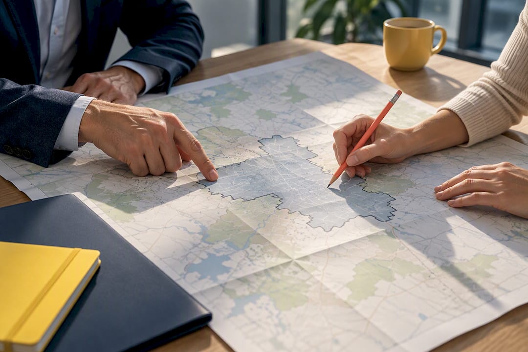 Hands tracing a Central NC municipal boundary map