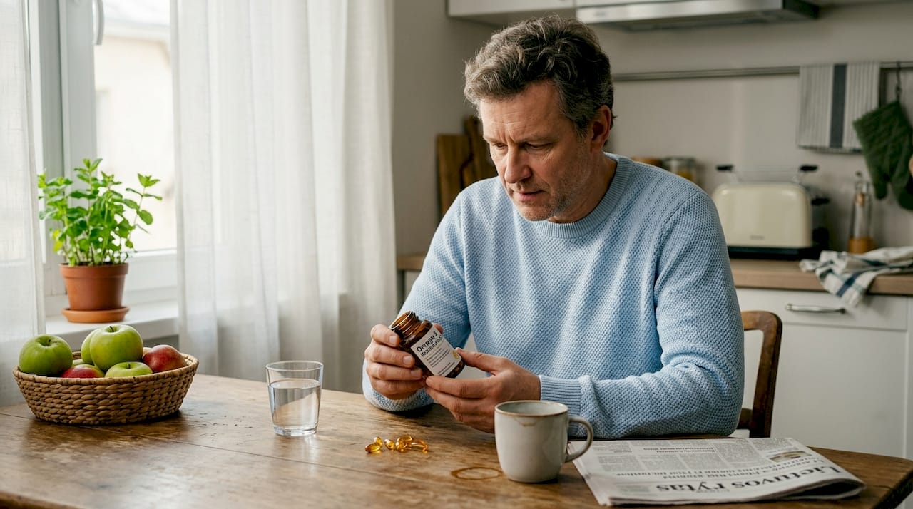 Vyras atidžiai perskaito omega-3 papildų dozės informaciją ant pakuotės.
