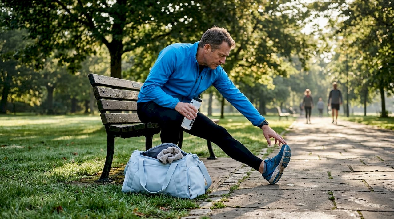 Vyras daro tempimo pratimus šalia parko suoliuko, šalia pasidėjęs sportinį krepšį.