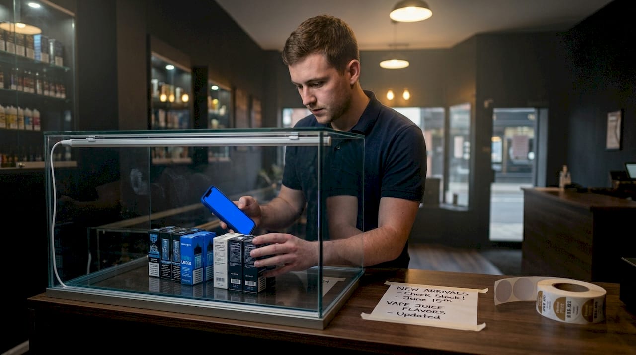 Shop employee verifying vape inventory on shelf
