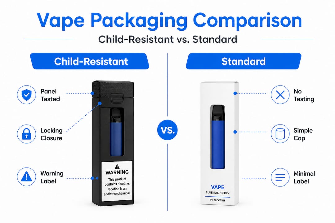 Infographic comparing child-resistant and standard vape packaging