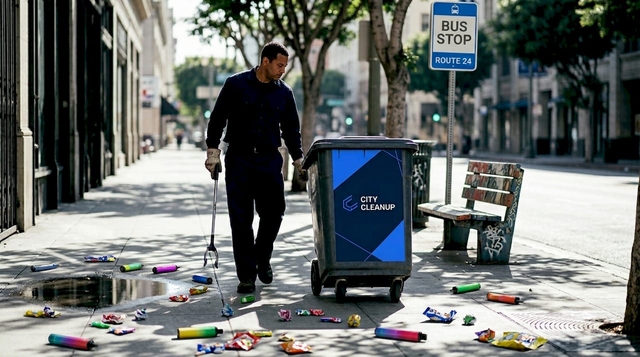 Sanitation worker cleaning disposable vape litter on street