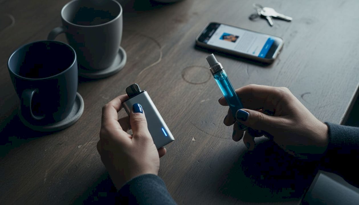 Hands comparing disposable and reusable vapes