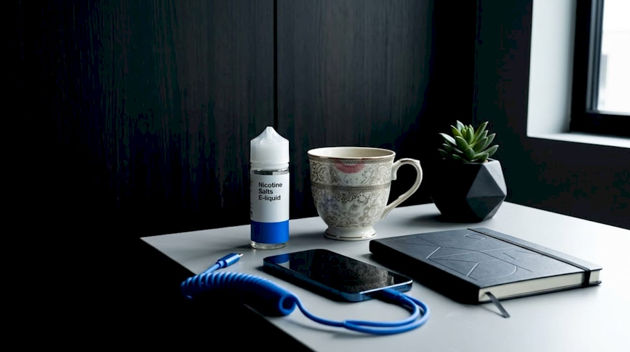 Nicotine salts bottle and disposable vape on kitchen counter