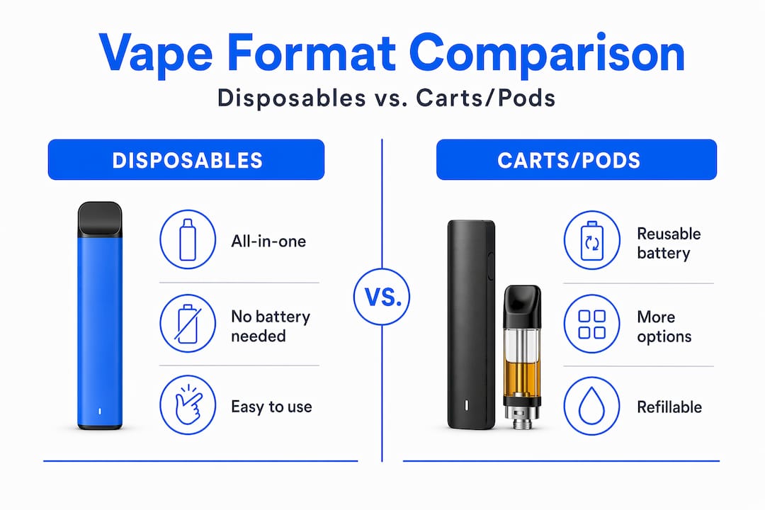 Side-by-side infographic comparing vape formats