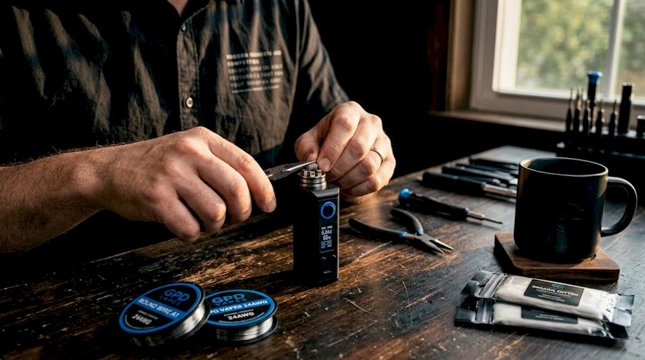 Hands assembling round wire vape coil