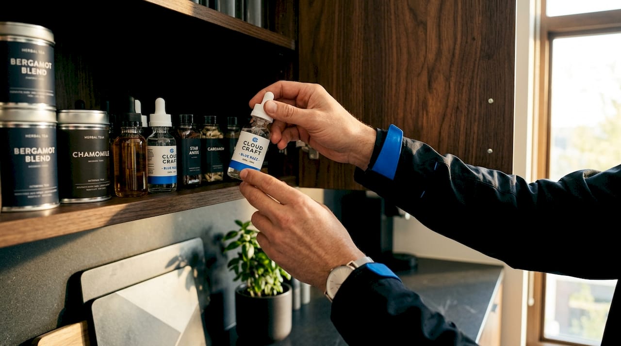 Checking e-liquid bottle label in bathroom