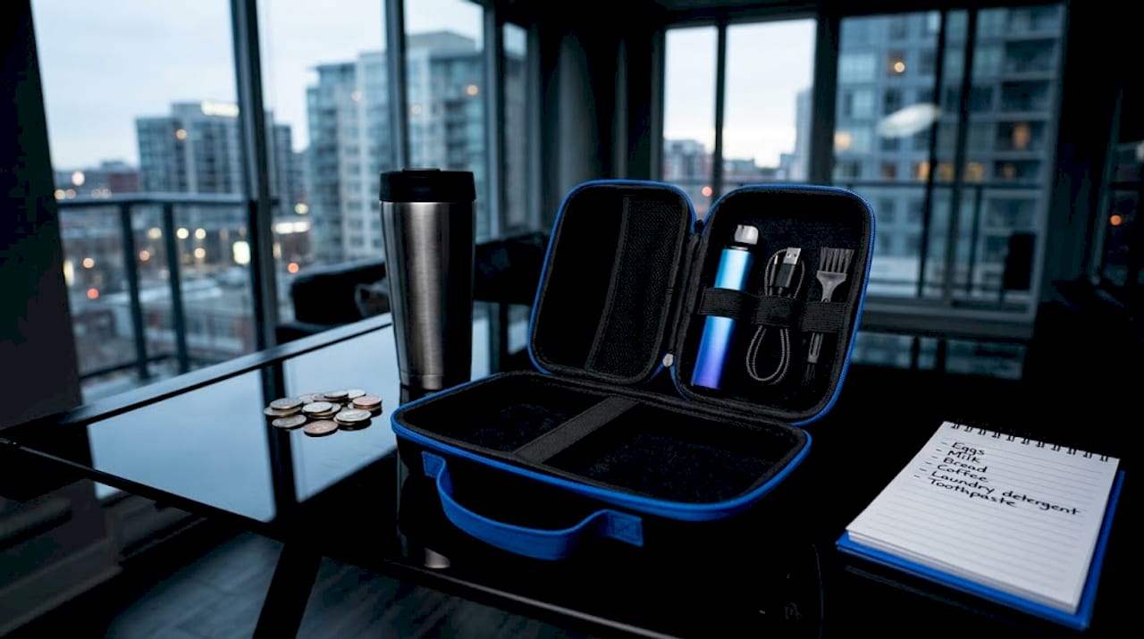 Protective vape case open on cluttered desk