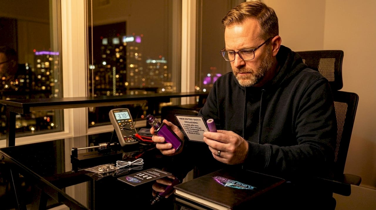 Man checking vape battery safety at home table