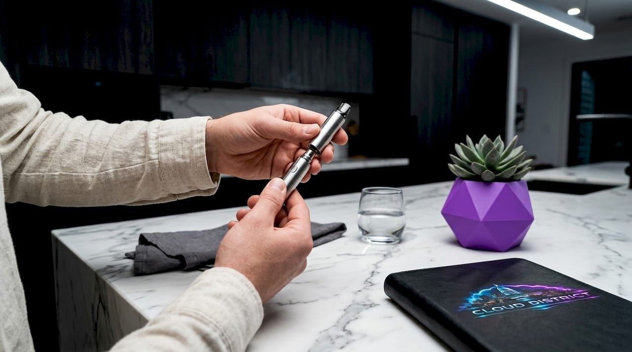 Hands assembling draw-activated vape on workbench