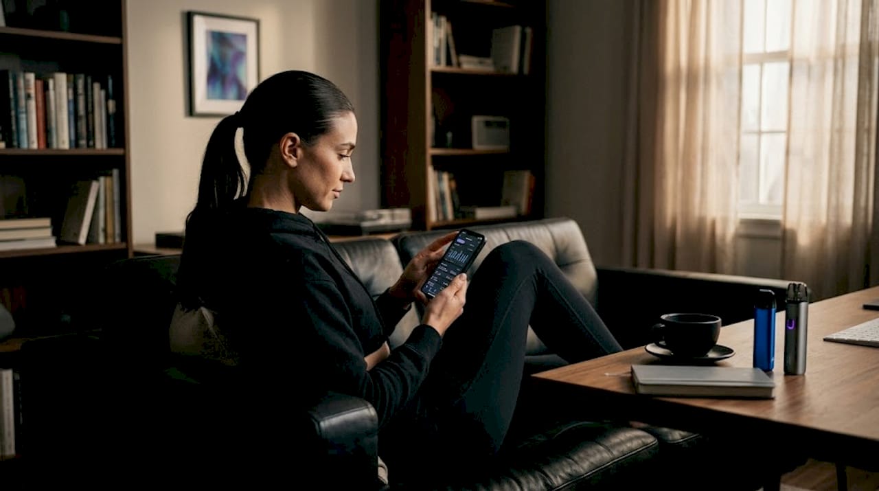 Woman checks smart vape app on sofa