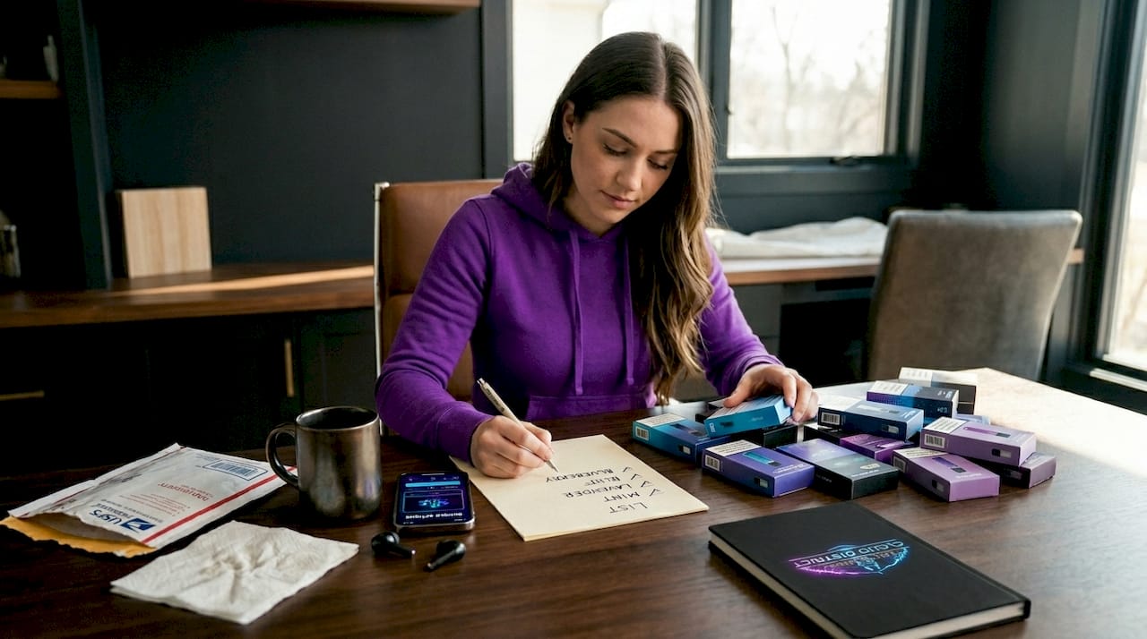 Woman comparing vape bundles in kitchen