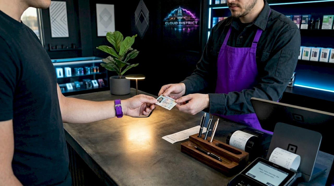 Employee checking ID at vape pickup counter