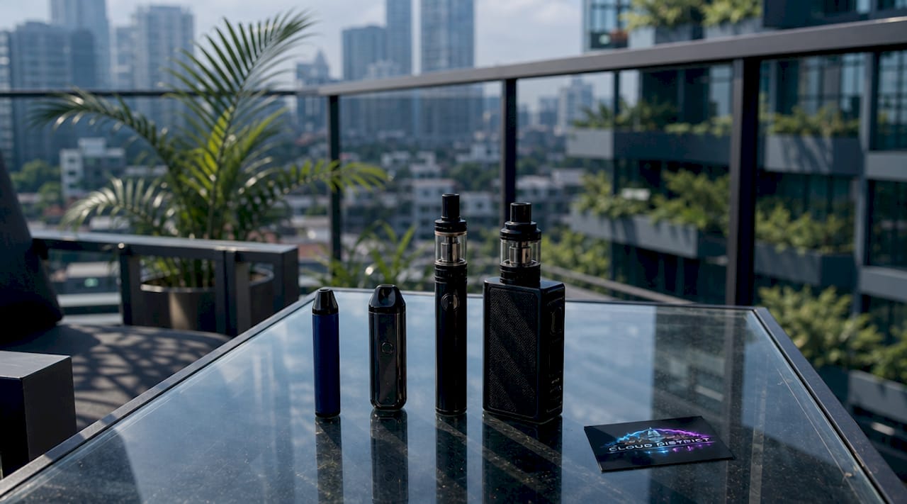Lineup of diverse vaping devices on table