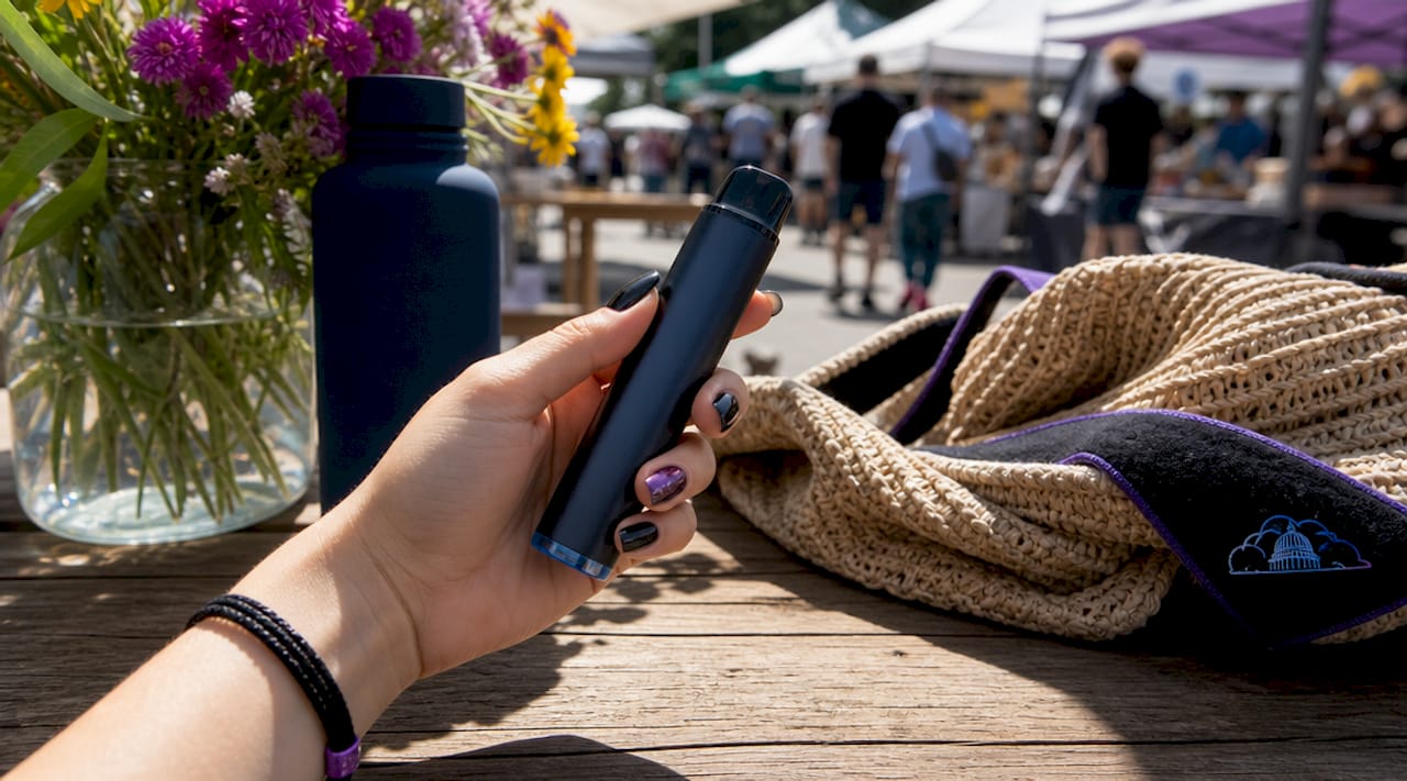 Hand holding disposable vape device at café table