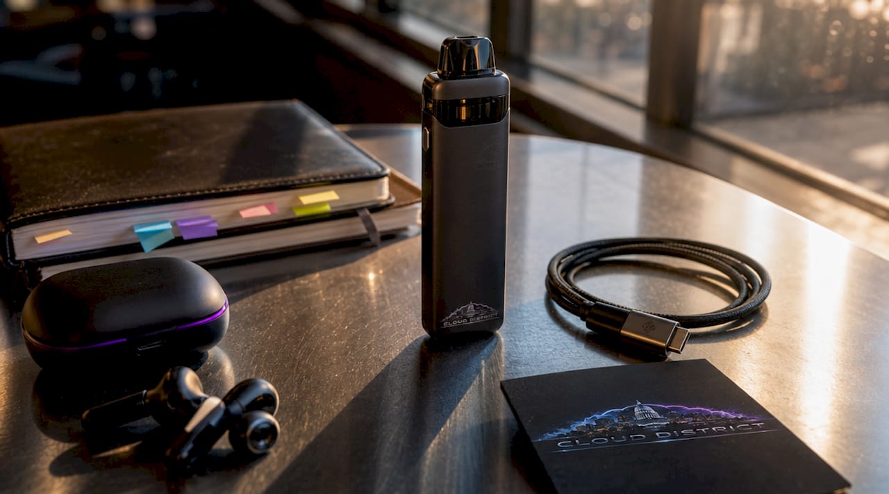 Compact vape device with charger on desk
